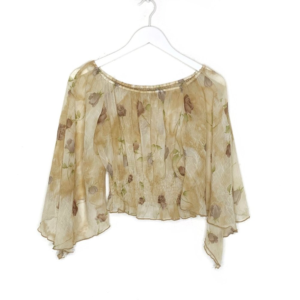 Vintage Y2K Floral Crop Top Bell Sleeve Blouse Grunge Fairy Boho Cottagecore M